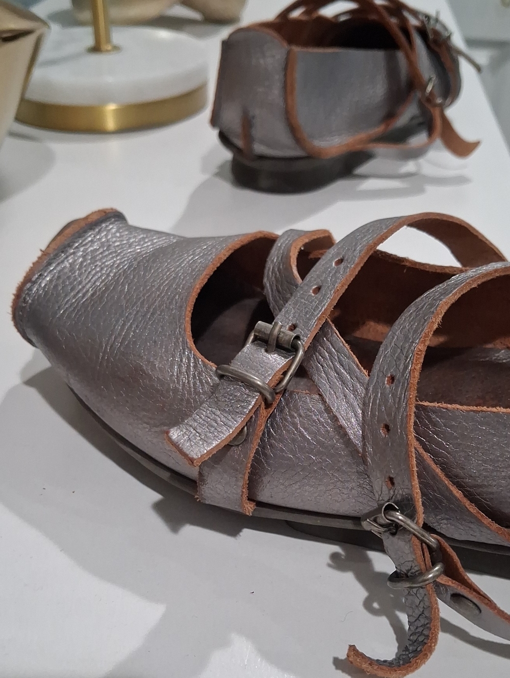 Tripp NYC Metallic Silver Leather Strappy Flats